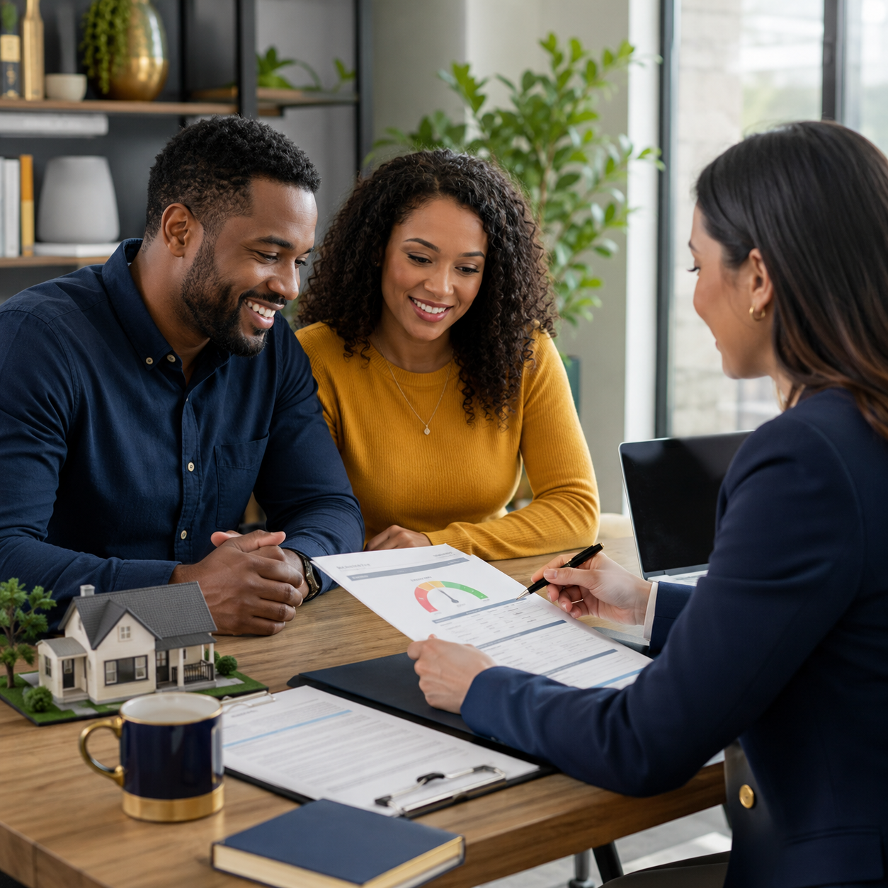 Homebuyers reviewing mortgage and credit documents with an advisor