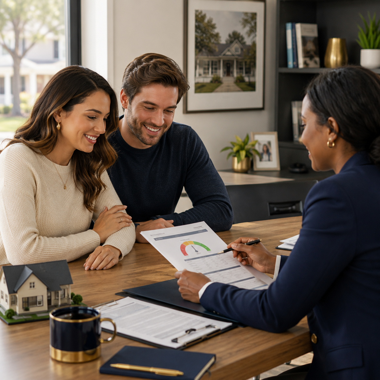 Homebuyers reviewing mortgage and credit documents with an advisor