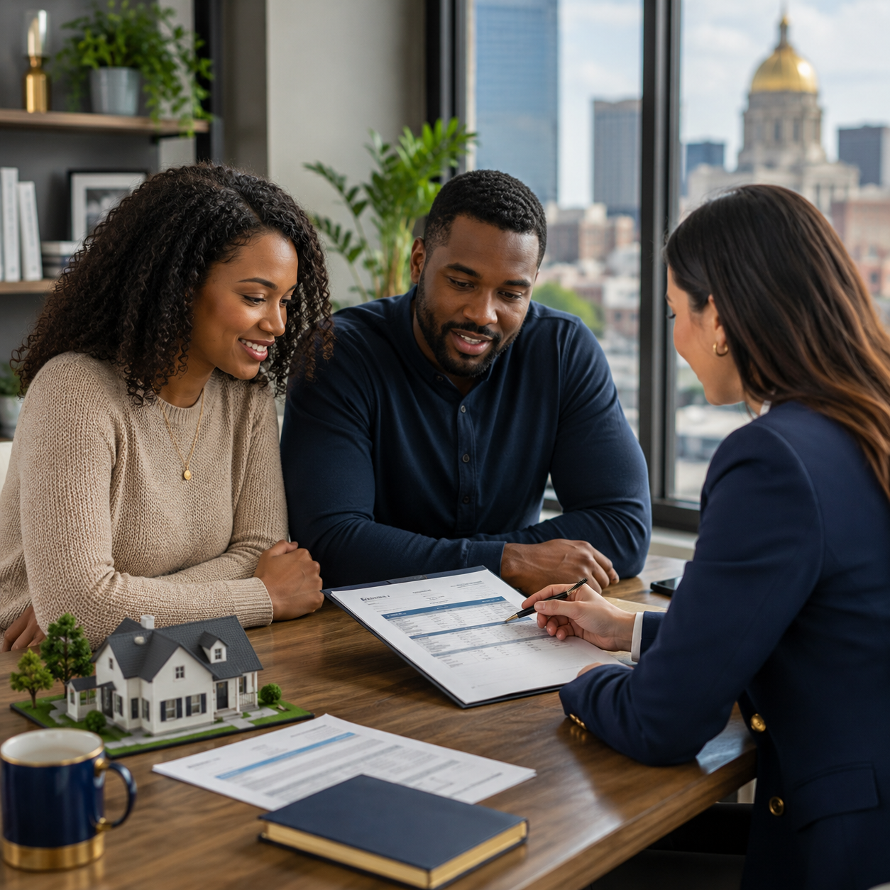 Homebuyers reviewing mortgage and credit documents with an advisor