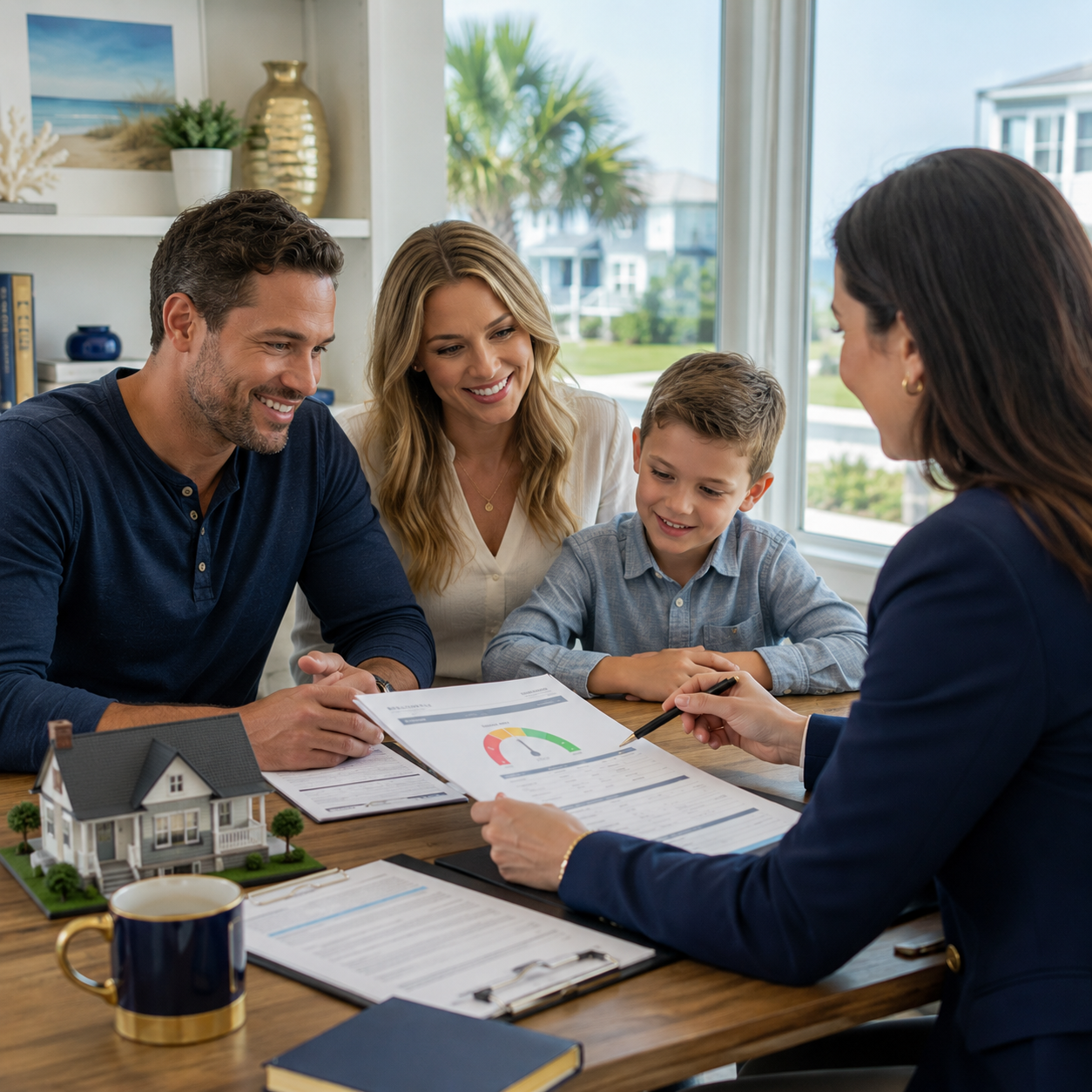 Homebuyers reviewing mortgage and credit documents with an advisor