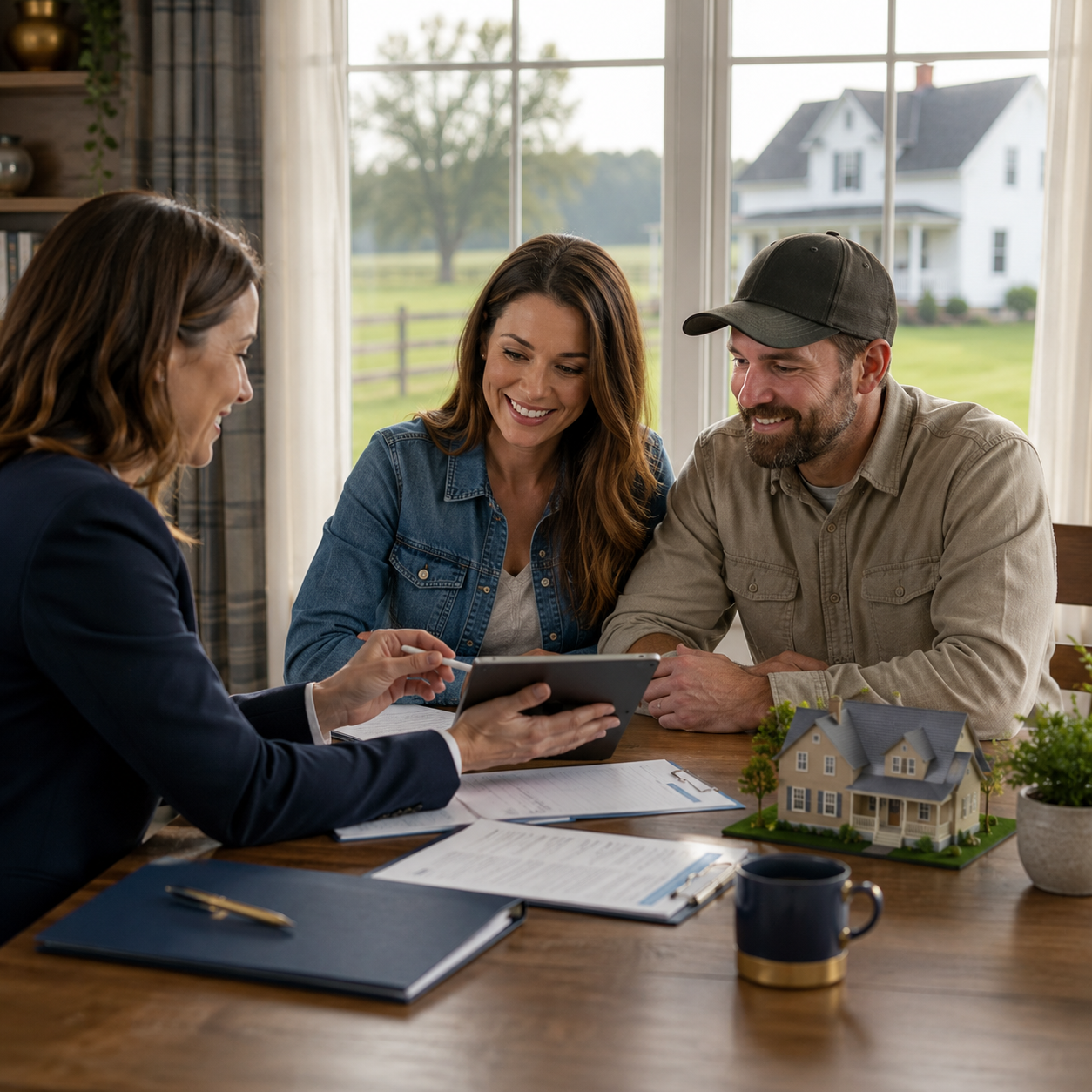 Homebuyers reviewing mortgage and credit documents with an advisor