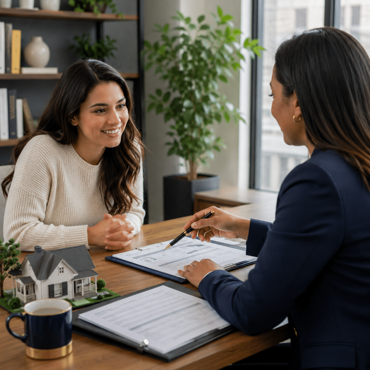 Homebuyers reviewing mortgage and credit documents with an advisor