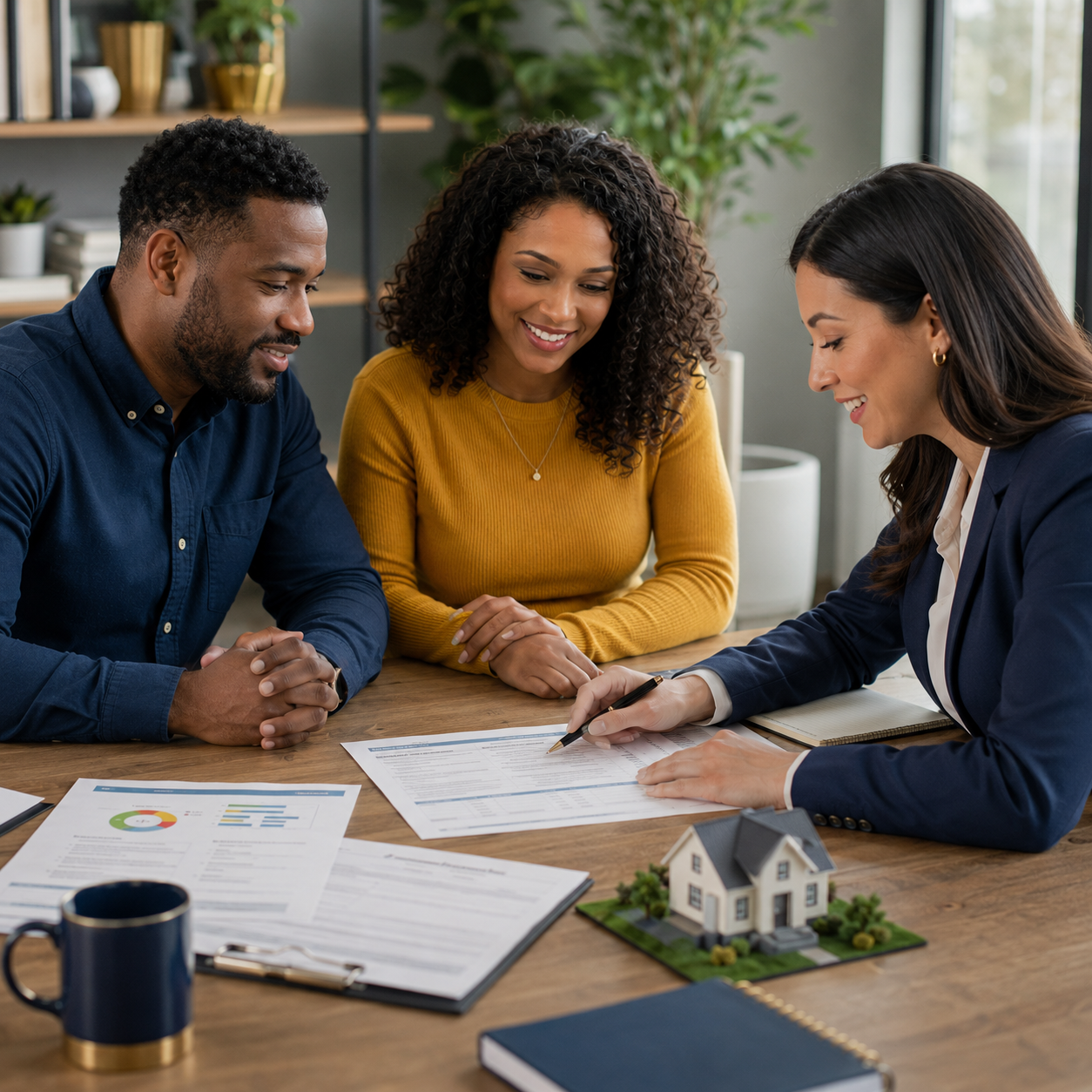 Homebuyers reviewing mortgage and credit documents with an advisor