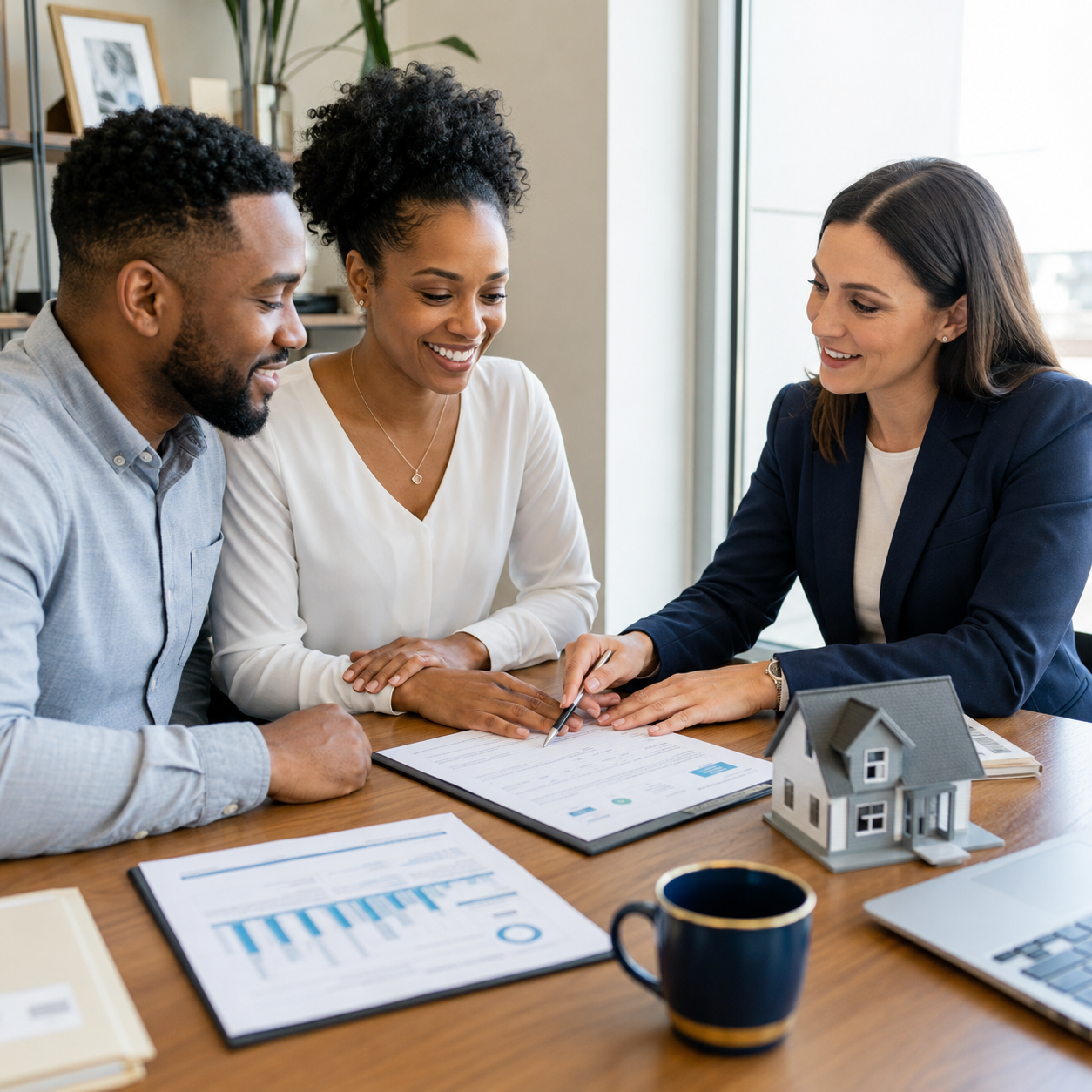 Homebuyers reviewing mortgage and credit documents with an advisor