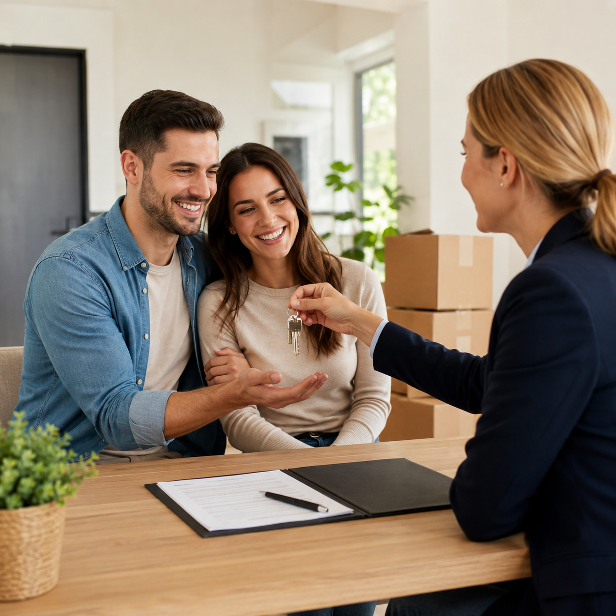 Homebuyers reviewing mortgage and credit documents with an advisor