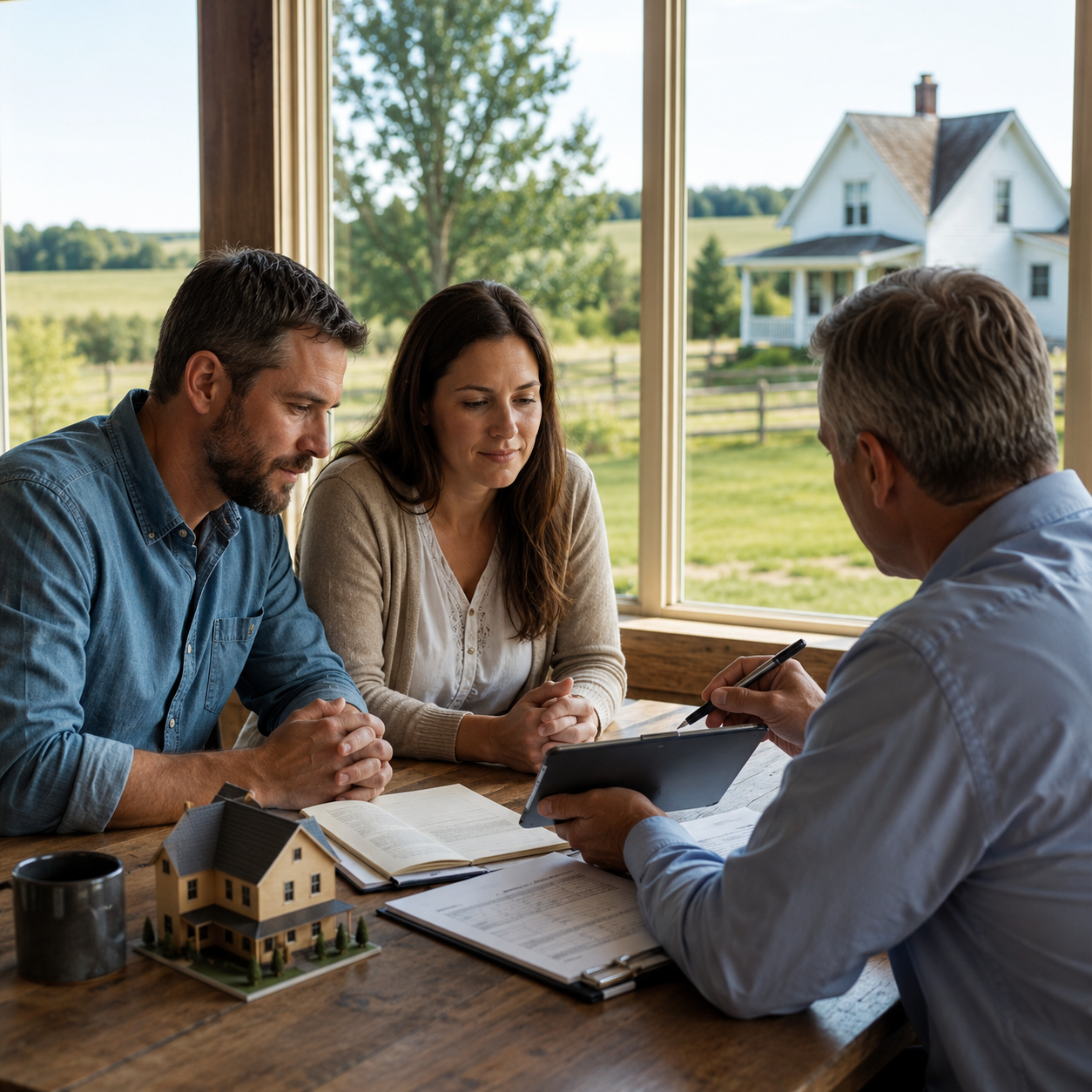 Homebuyers reviewing mortgage and credit documents with an advisor