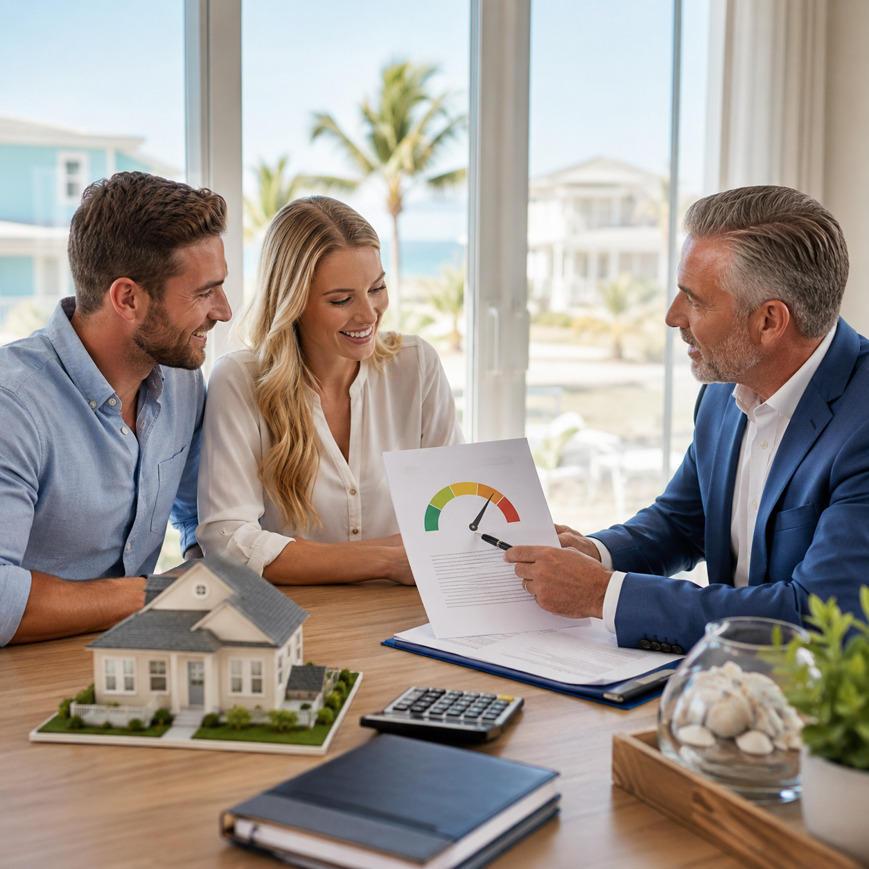 Homebuyers reviewing mortgage and credit documents with an advisor