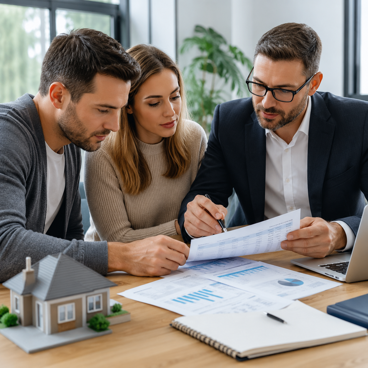 Homebuyers reviewing mortgage and credit documents with an advisor