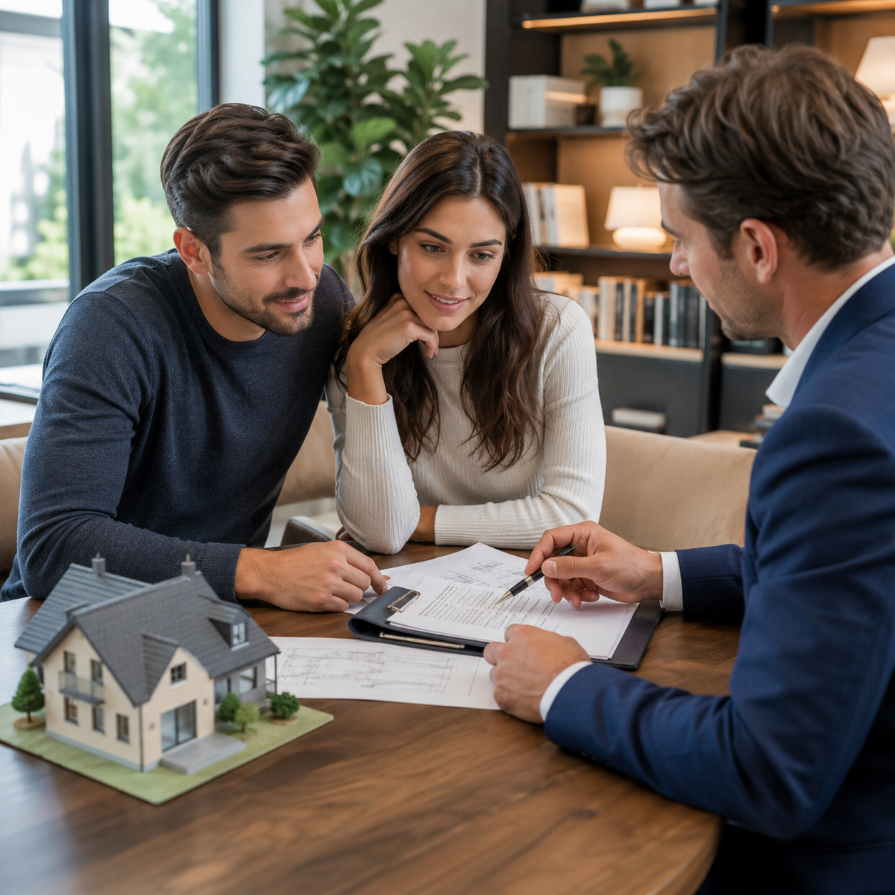 Homebuyers reviewing mortgage and credit documents with an advisor