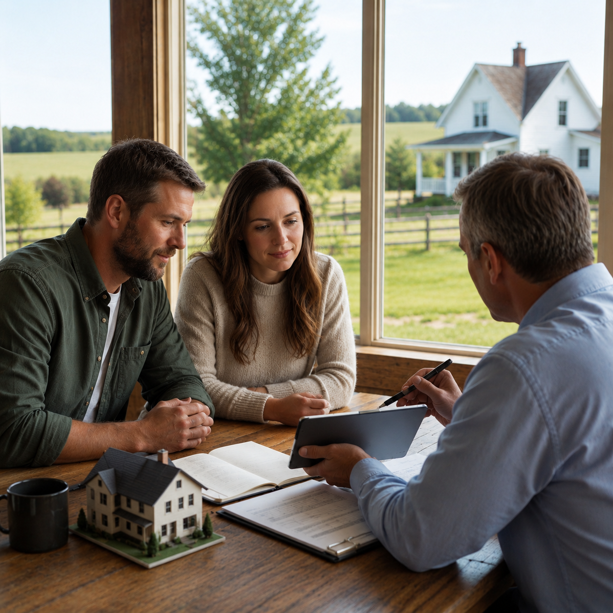 Homebuyers reviewing mortgage and credit documents with an advisor