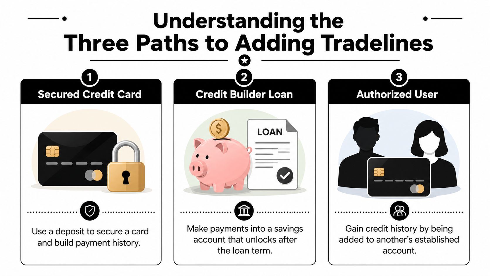 An infographic showing three ways to add tradelines to your credit: secured credit cards, builder loans, and authorized users.