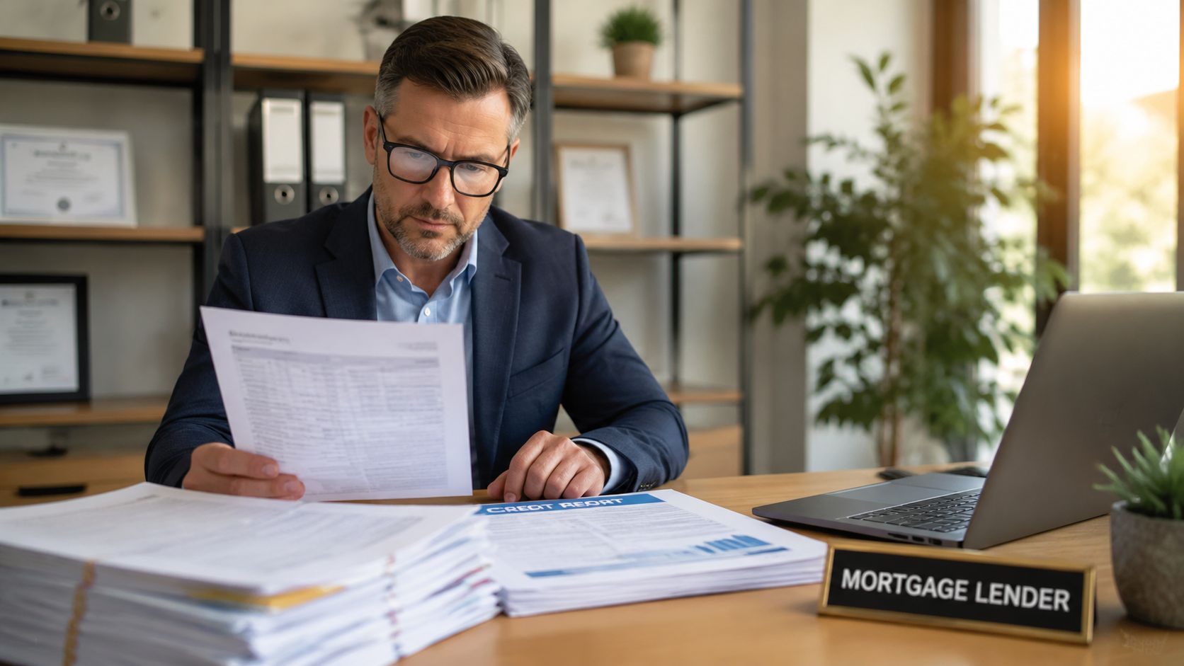 A professional mortgage lender in a suit reviewing financial documents and credit reports at his desk.