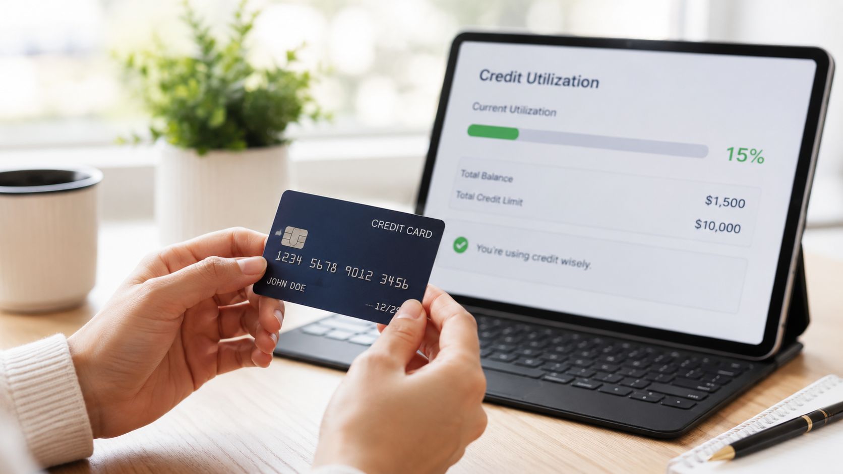 Person holding a credit card while looking at a tablet displaying credit utilization information for financial management.