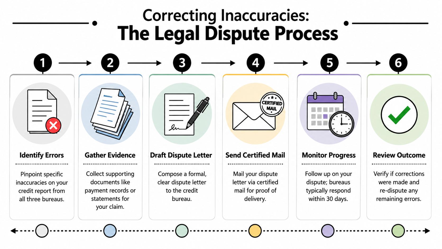A six-step infographic illustrating the legal process for correcting errors on a credit report for financial improvement.