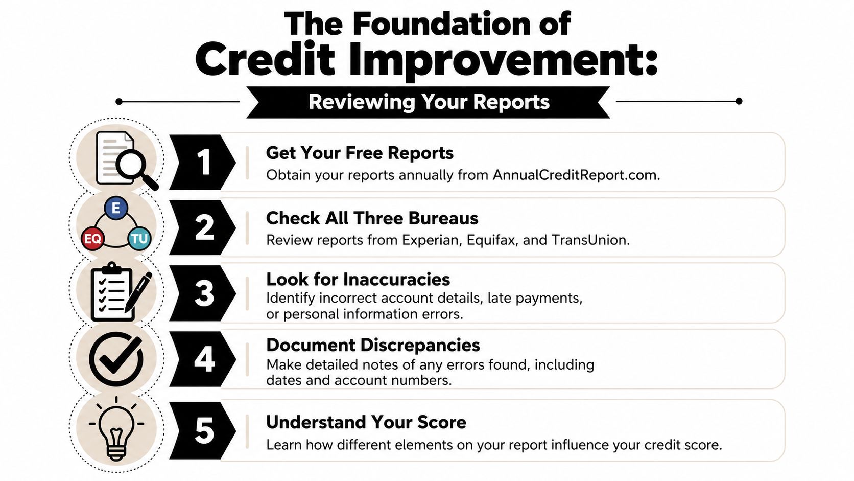 An infographic showing five steps to improve your credit score by reviewing credit bureau reports.