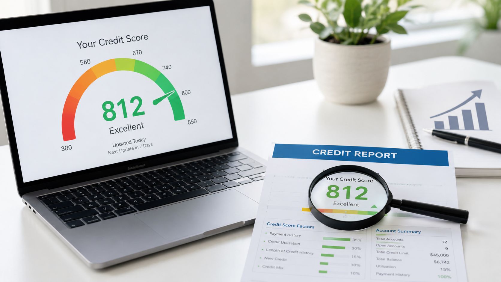 Credit-score gauge and report materials for credit-score improvement and report review