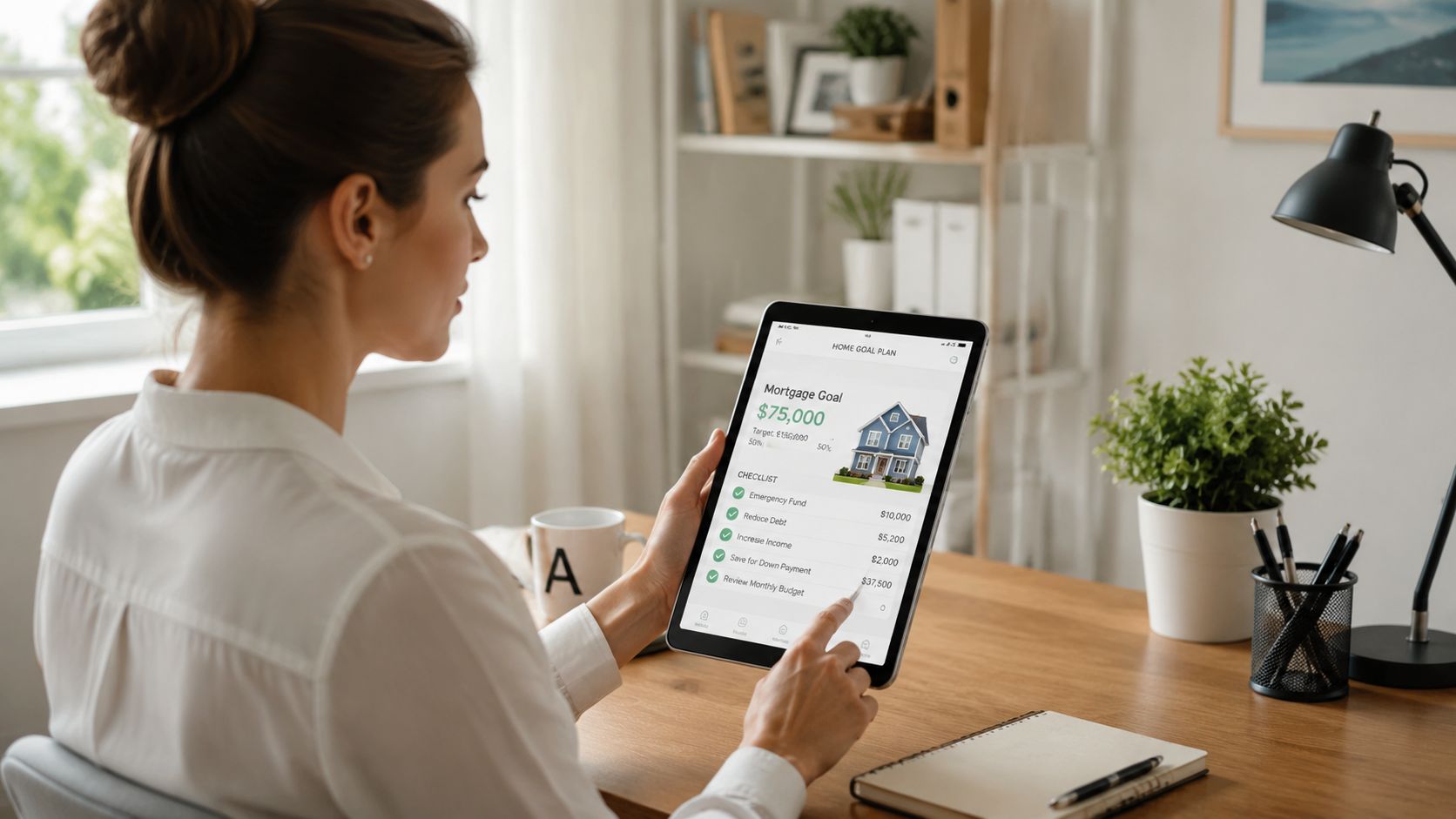A woman using a tablet app to manage her home mortgage savings and financial checklist.