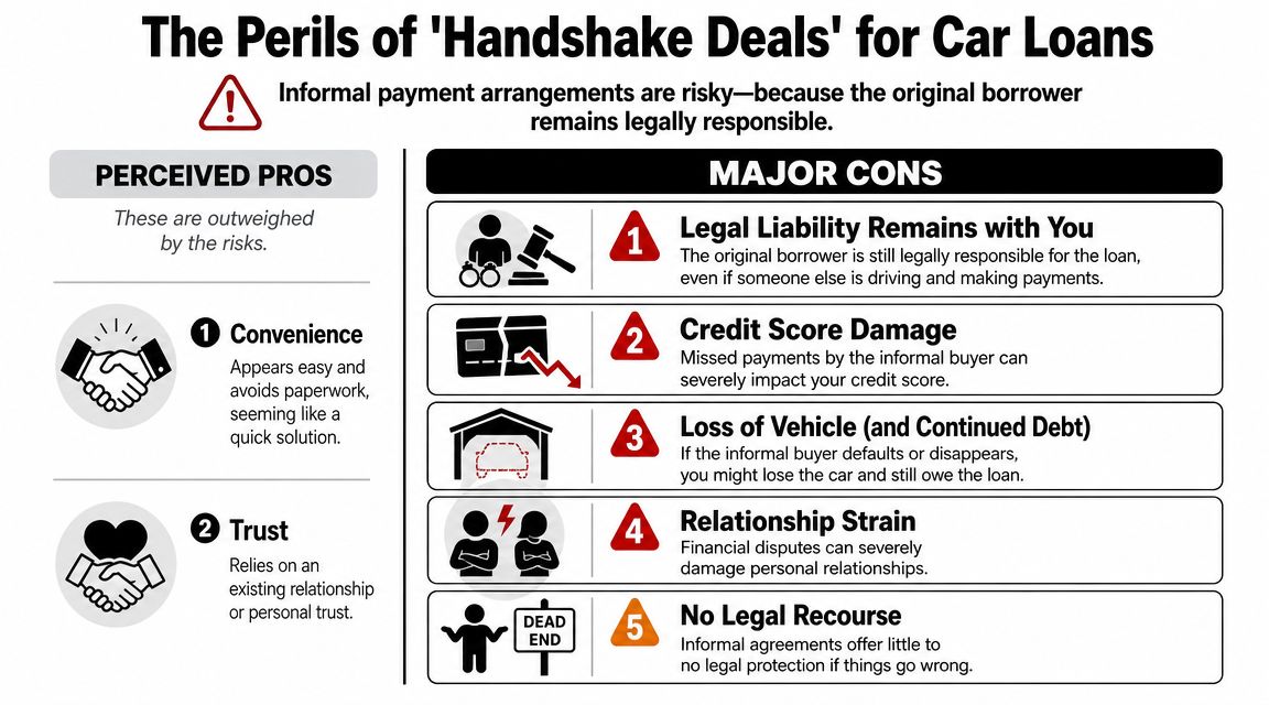 An infographic showing the financial risks and dangers of making informal handshake car loan deals.