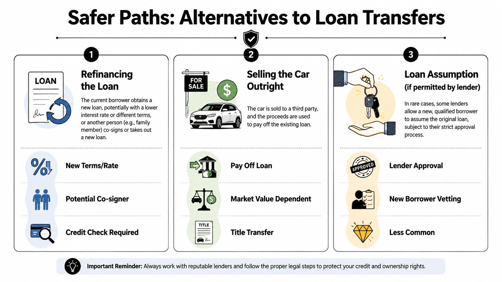 An infographic showing three safer alternatives for transferring car loans, including refinancing, selling, and loan assumption.