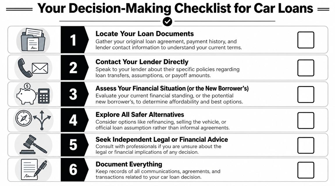 A six-step checklist for navigating car loan decisions, including documentation, lender contact, and financial assessment.