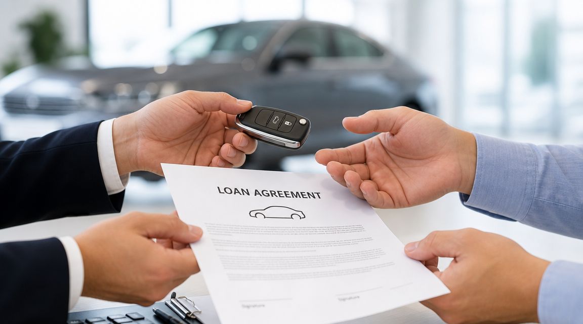Borrowers signing vehicle-loan documents beside car keys