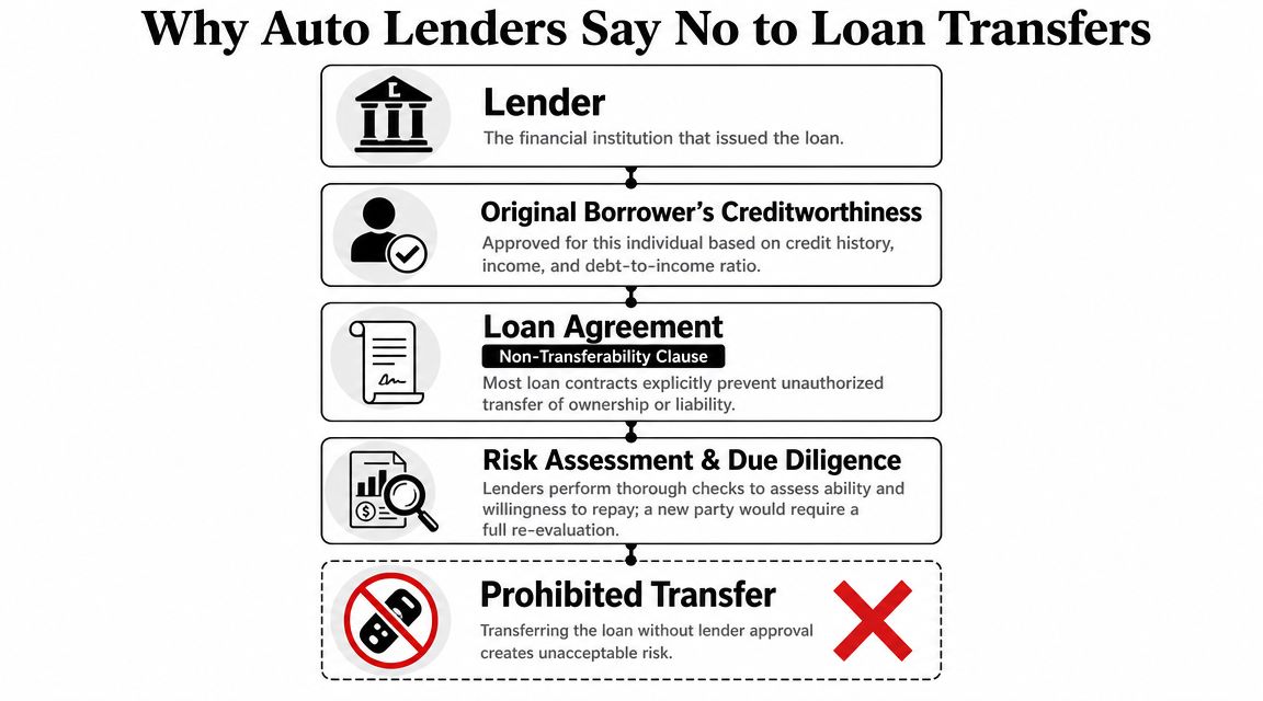 A flowchart infographic explaining why auto lenders generally prohibit the transfer of car loans to other individuals.