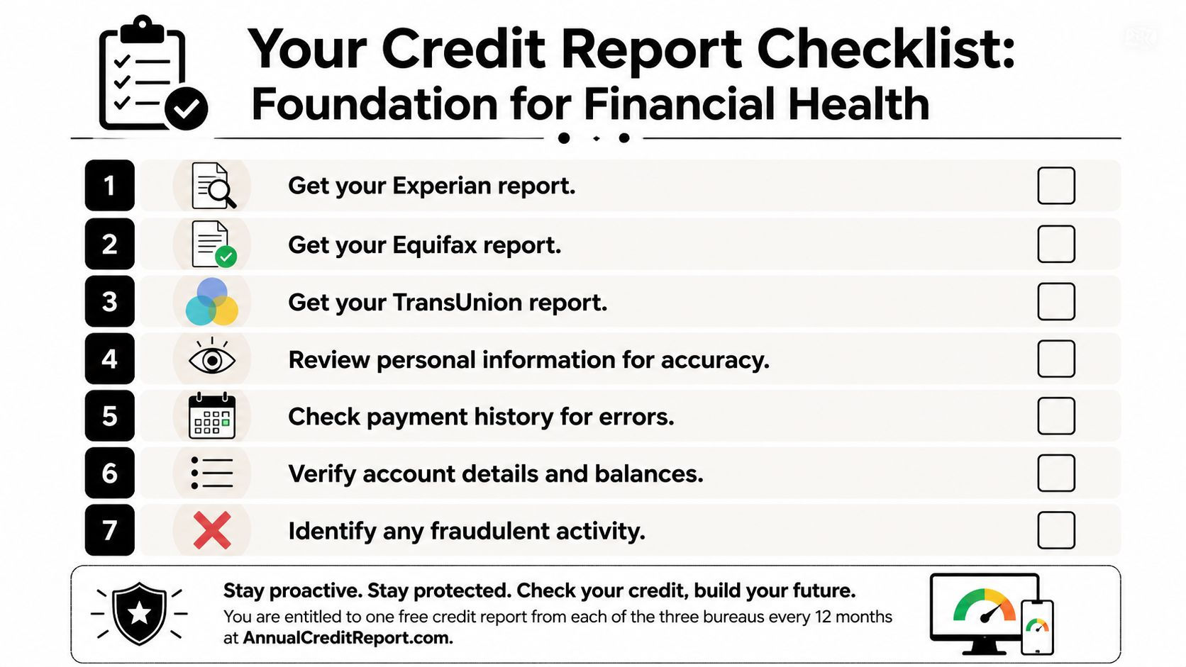 A checklist infographic outlining seven steps to review and verify personal credit reports from major bureaus.
