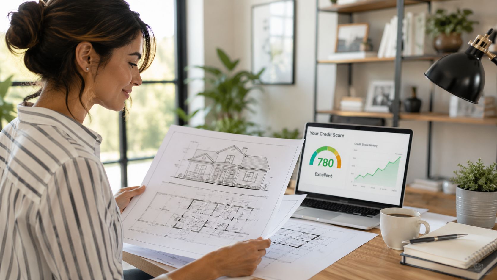 A smiling woman in a home office reviewing house blueprints while checking her excellent credit score.