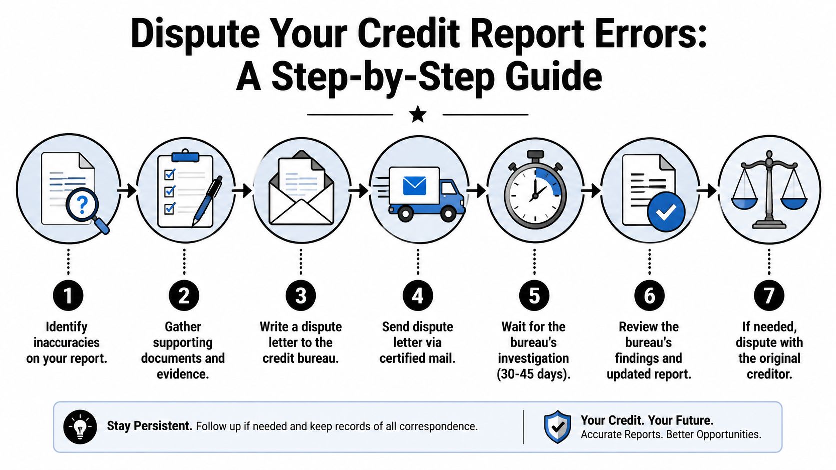 A seven-step guide illustration explaining the process of how to dispute inaccuracies on your credit report.