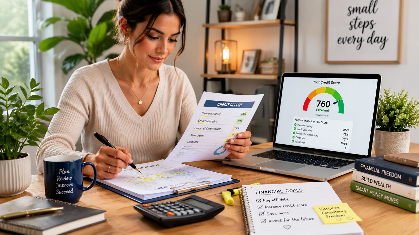 Borrowers reviewing a financial plan, credit records, and housing documents for credit-report review and rebuilding