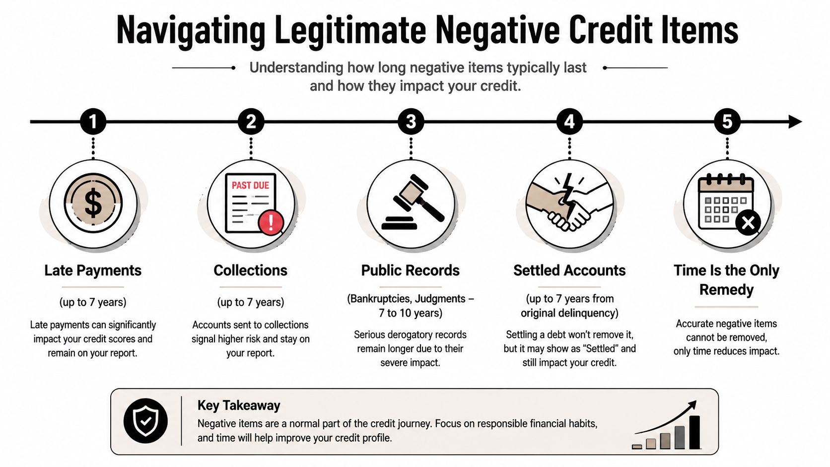 An infographic titled Navigating Legitimate Negative Credit Items outlining how various negative marks impact credit reports over time.