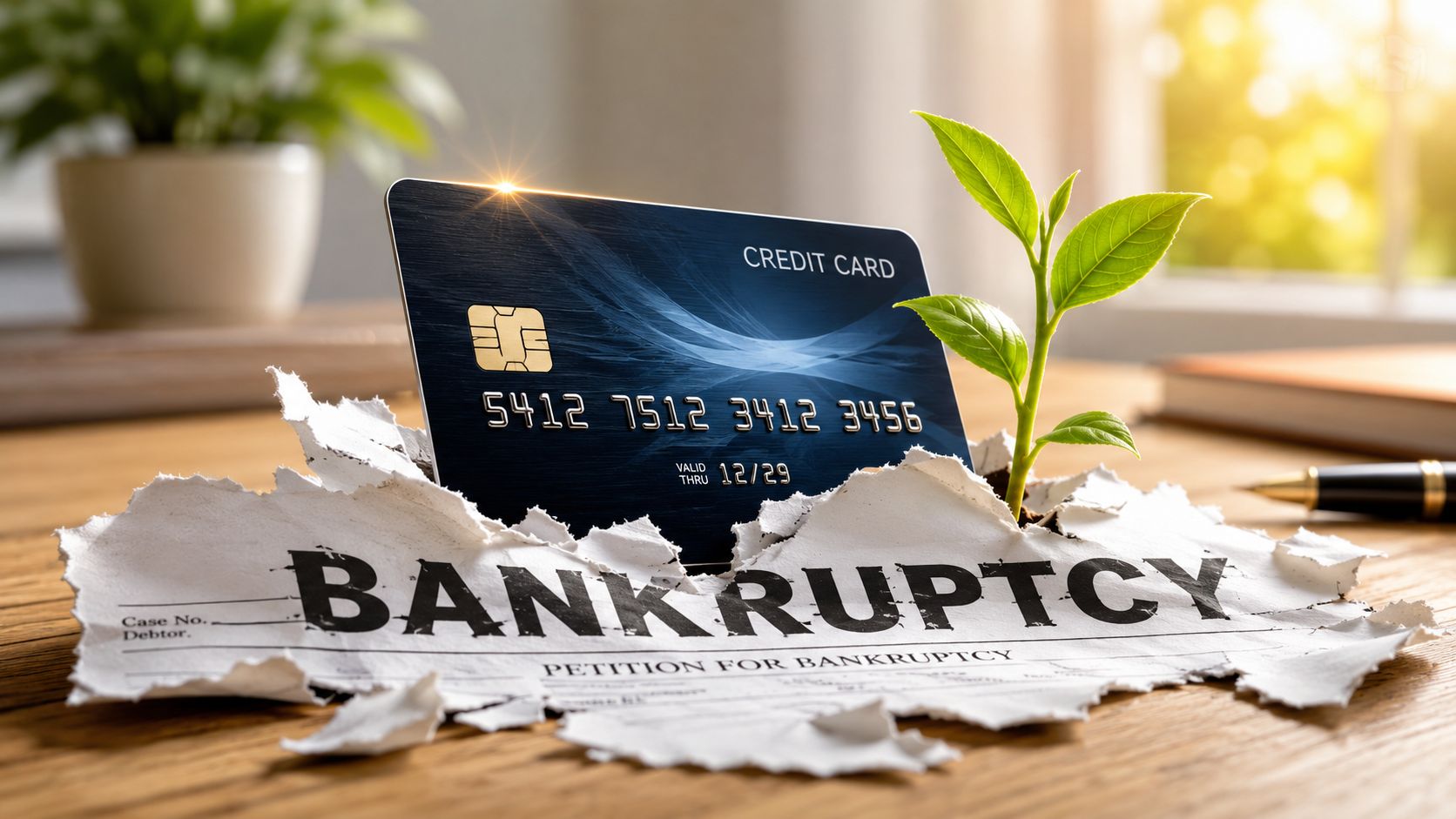 Credit card standing on torn paper marked bankruptcy