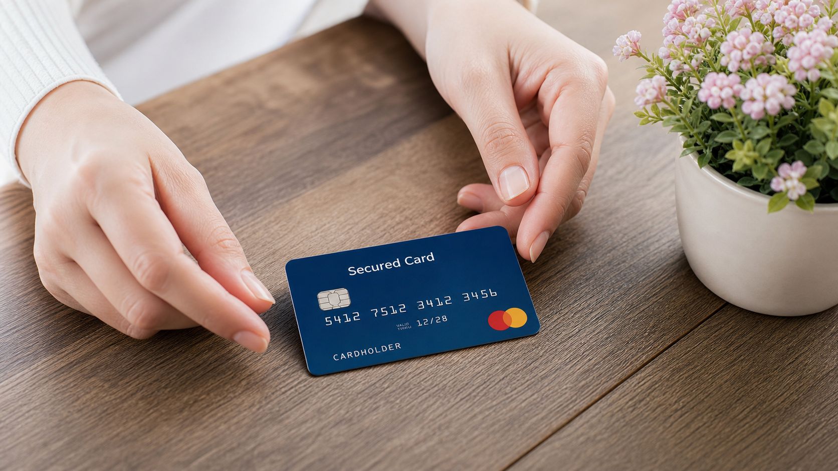 Hand holding a secured credit card above a table