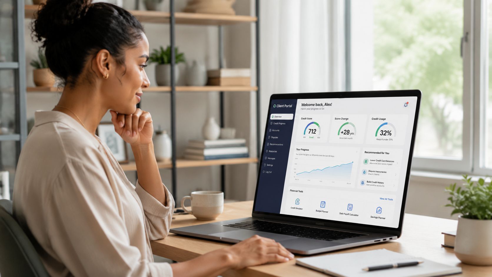 A woman reviewing her credit score and financial progress on a laptop inside a home office.