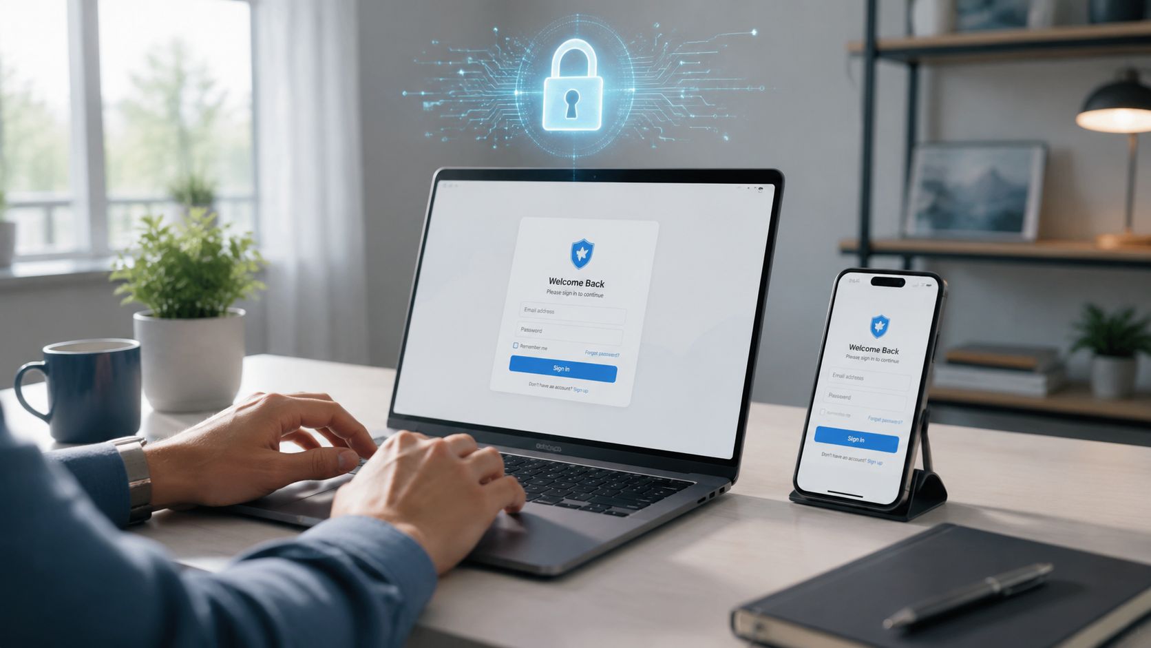 Secure login screen on a laptop and phone with a digital lock