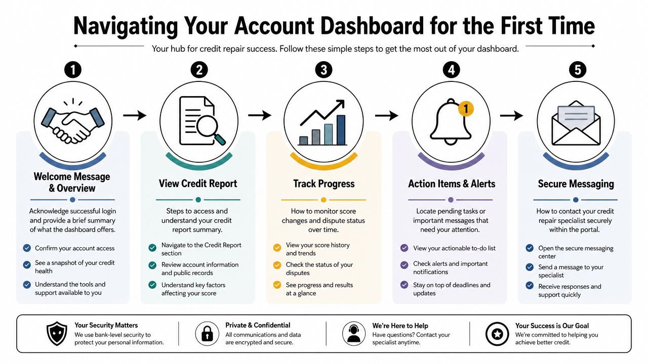 An infographic showing five steps for new users to navigate their credit repair account dashboard effectively.
