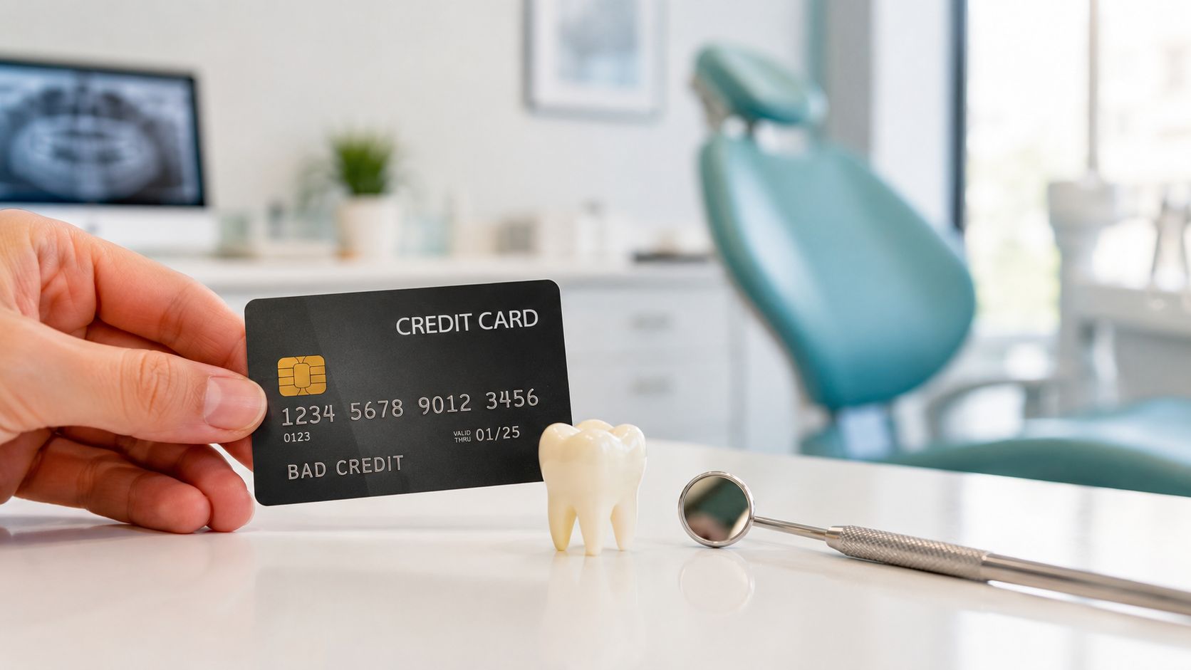 Credit card held beside dental tools, a tooth model, and a dental chair