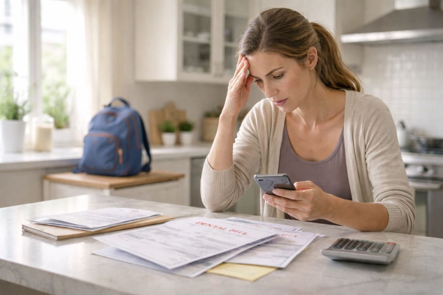 A stressed woman reviews her dental bills while looking at her smartphone at a kitchen counter.