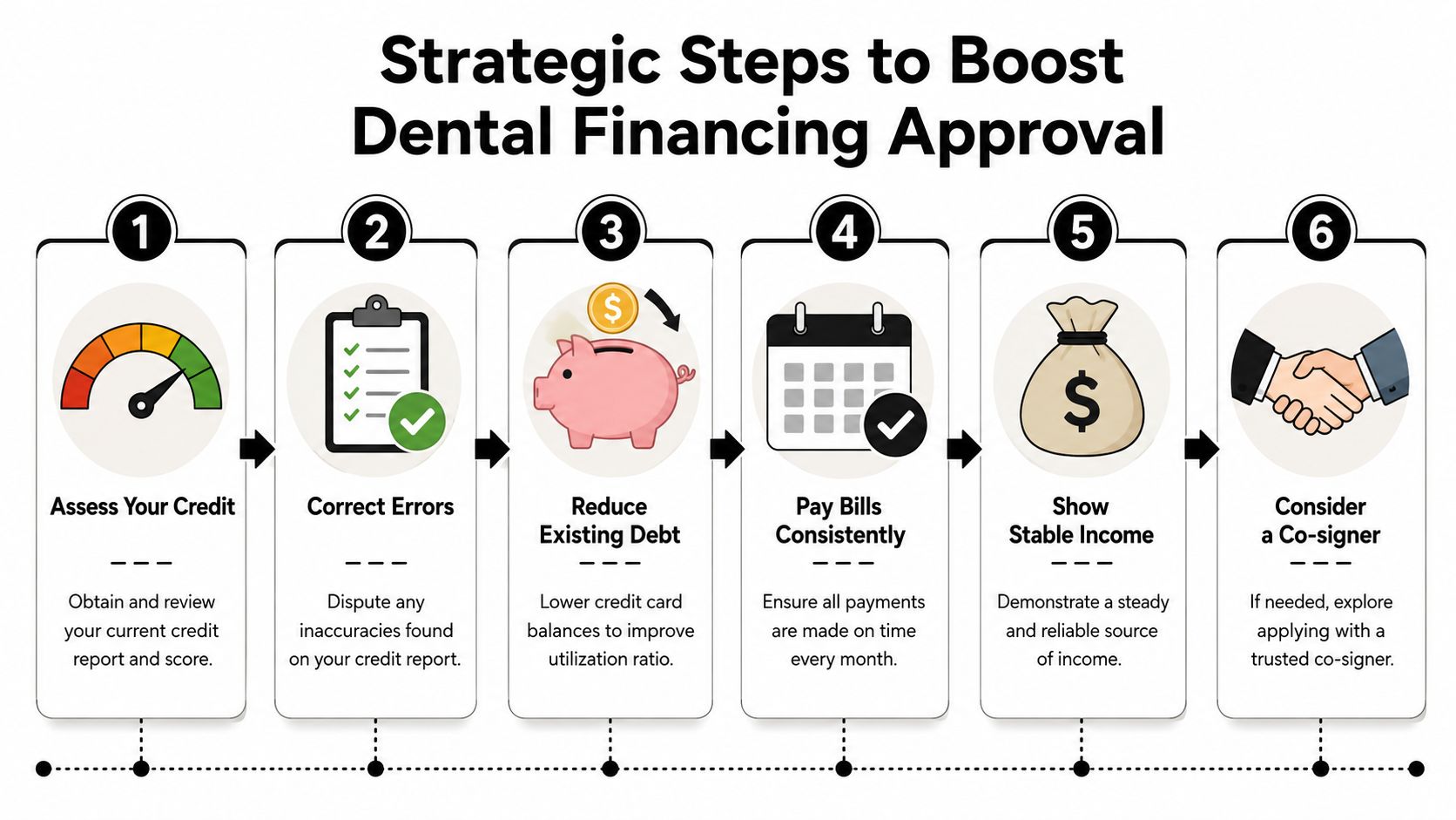 A step-by-step infographic showing six strategies to improve chances of getting dental financing approval.