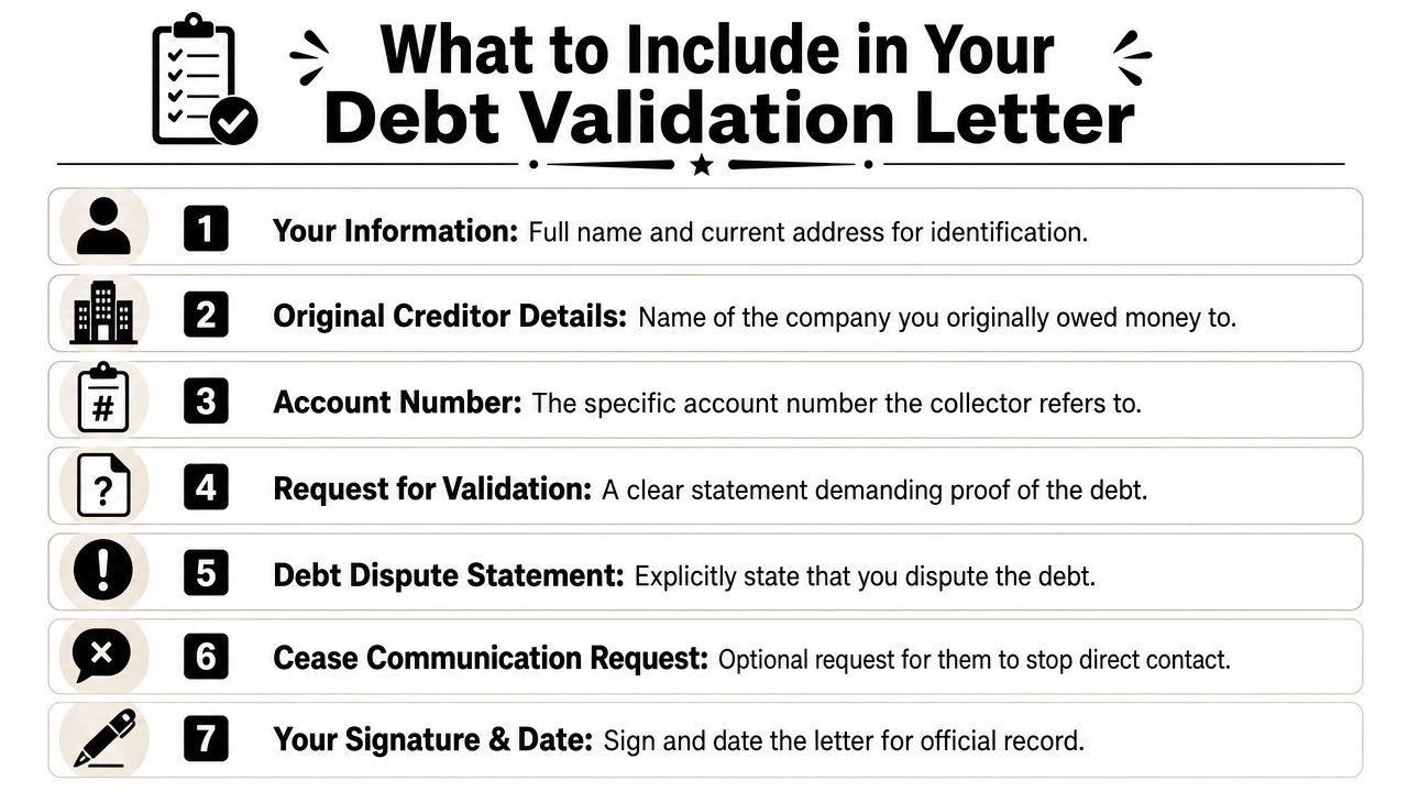 An infographic detailing seven essential components to include in a formal debt validation letter.
