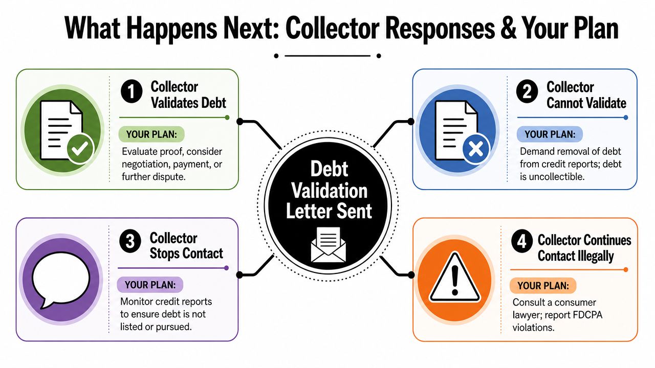 An infographic showing four possible collector responses after a consumer sends a debt validation letter.