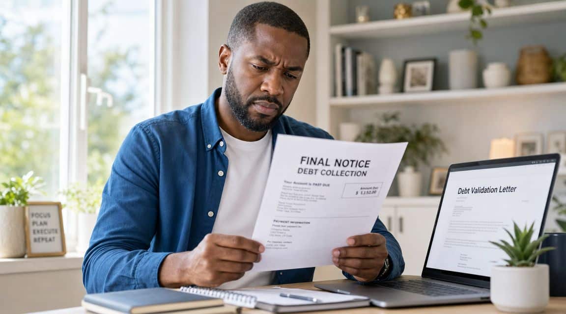 A concerned man sitting at his desk examining a final notice debt collection document.
