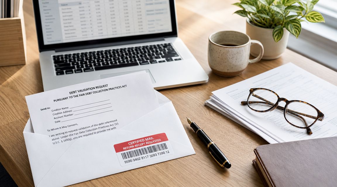 Debt-validation letter, mailing envelope, account records, pen, and glasses