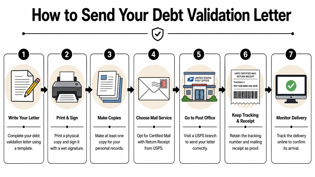 A seven-step infographic showing how to properly send a debt validation letter via USPS mail.