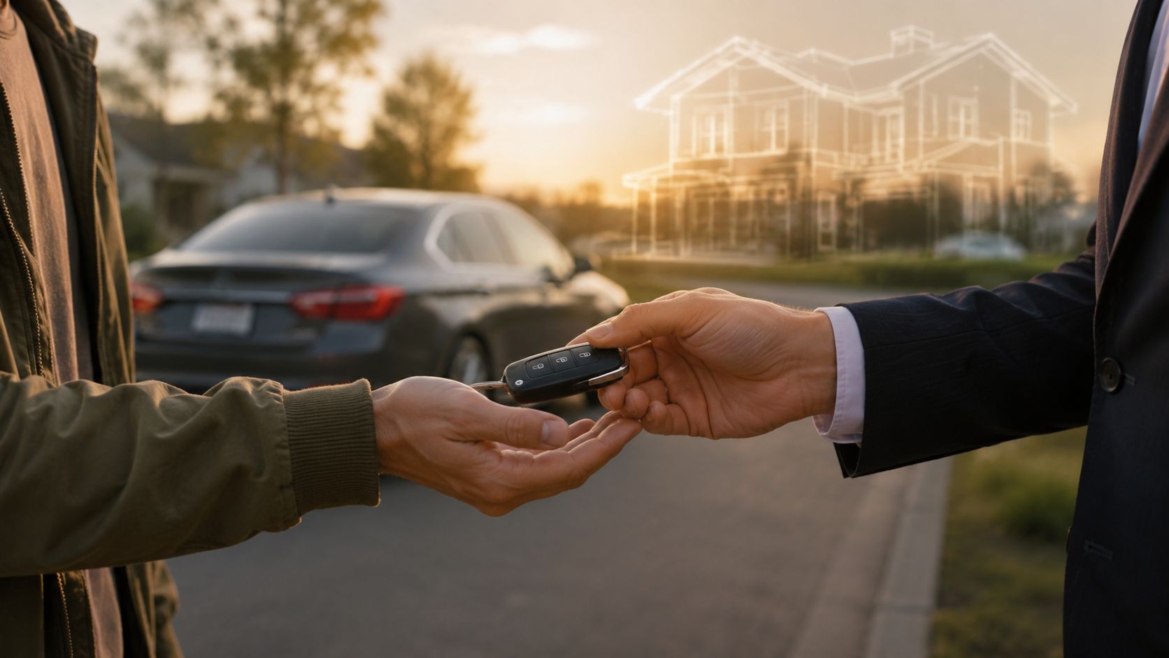 Vehicle key being handed over beside a car at sunset