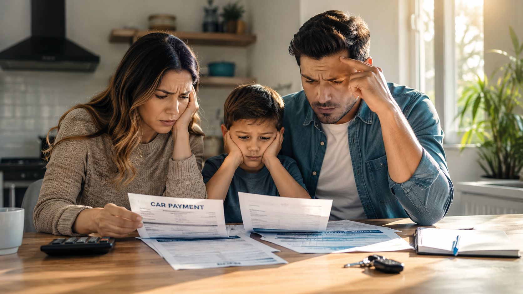A concerned family sitting at a table looking stressed while reviewing their car payment financial documents.