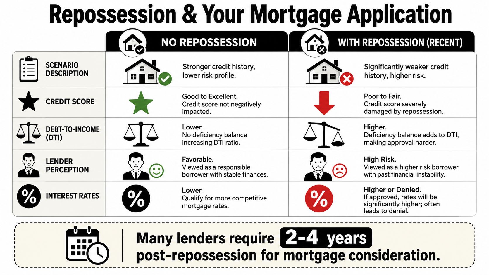 A comparison chart showing how a recent repossession negatively impacts your credit, interest rates, and mortgage approval chances.