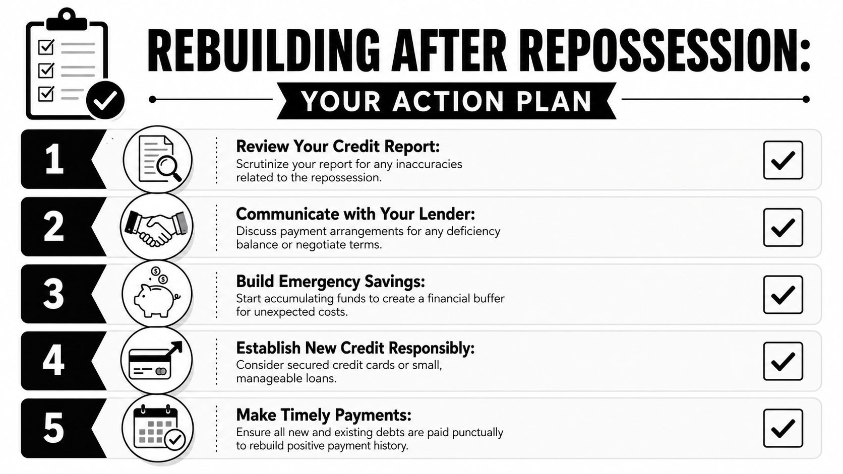 Checklist graphic with document and review steps for voluntary repossession and credit reporting