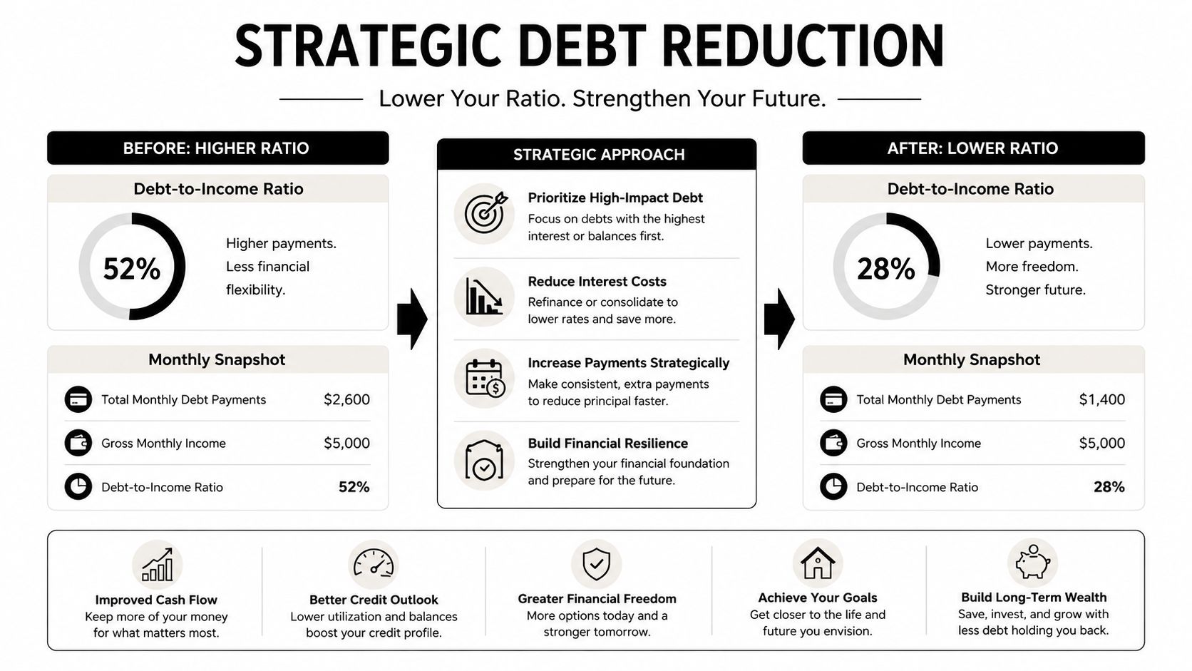 A strategic infographic showing how to lower debt-to-income ratio from 52 percent down to 28 percent.