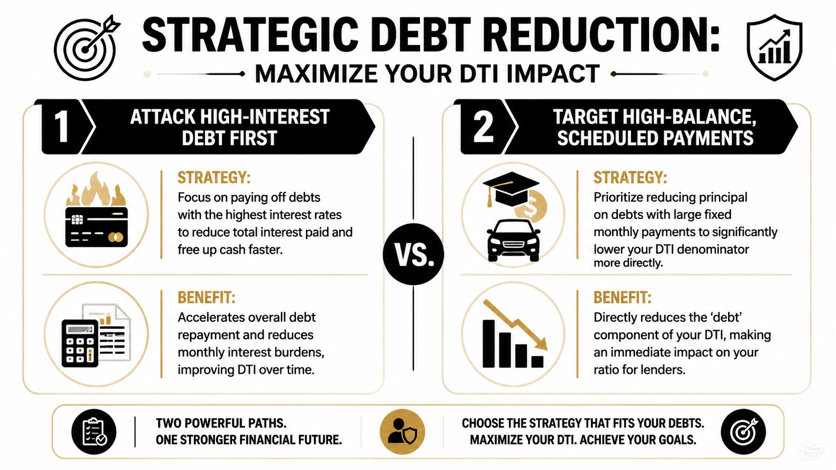 An infographic comparing two strategies for debt reduction to improve debt to income ratio for financial goals.